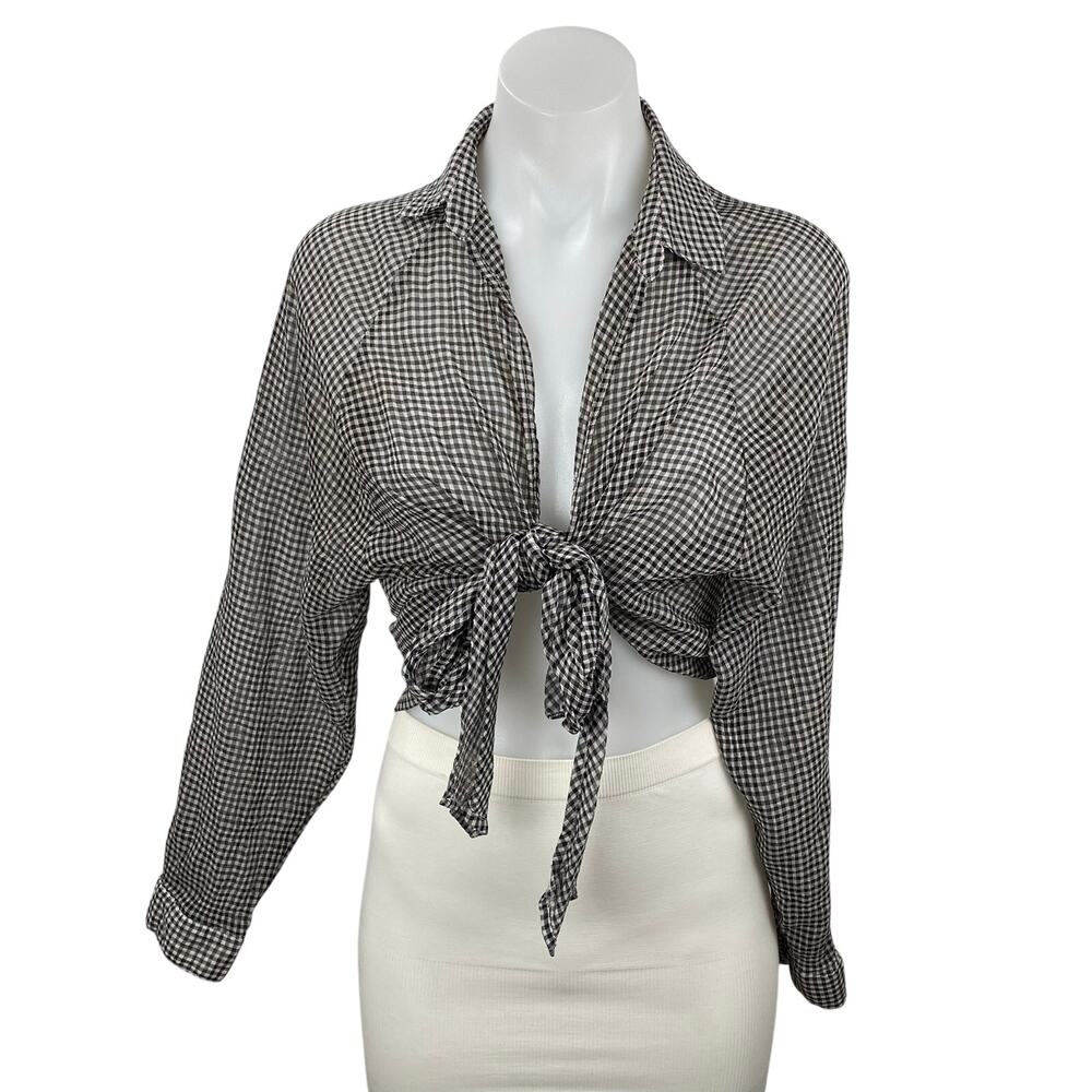 Emory Park Black Gingham Check Long Sleeve Tie Cropped Blouse Shirt Top Size M
